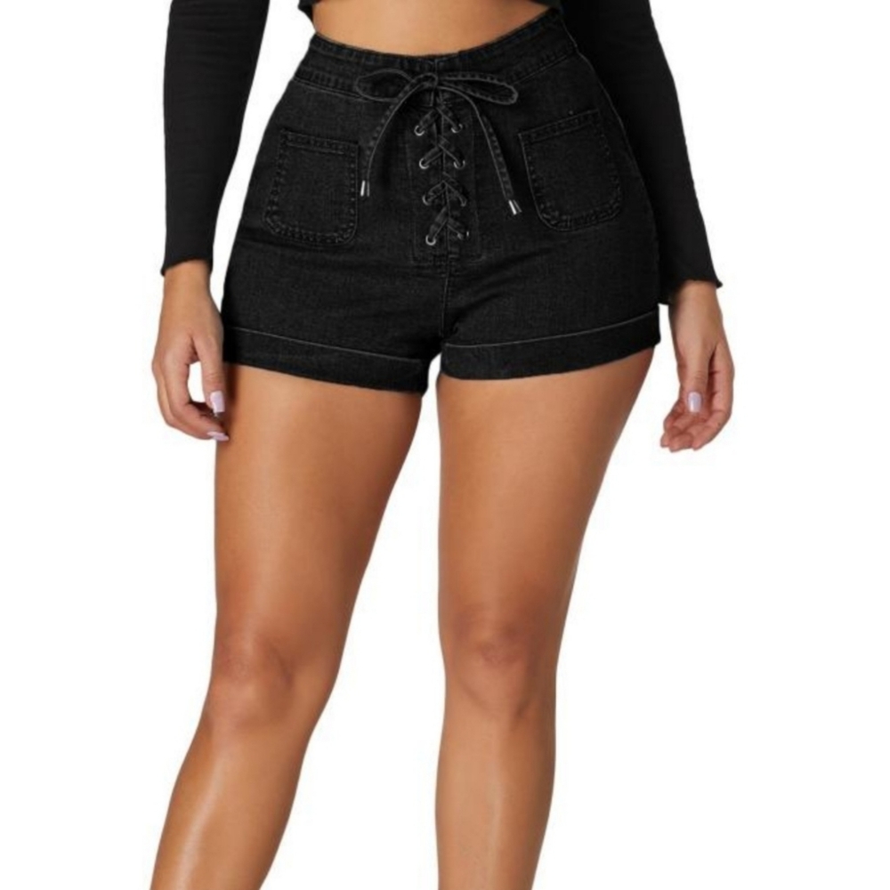 Size L Black Lace Up Denim Jean Shorts